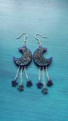 Moon Made, Stars Earrings, Purple Acrylic, Glitter Acrylic, Glitter Acrylics, Long Dangle Earrings, Moon Stars, Blue Glitter, Star Earrings