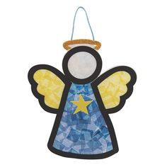 a paper angel ornament with a star on it's chest and wings