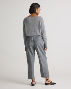 Our best-selling cashmere gets a modern twist with this relaxed-fit Mongolian Cashmere Boatneck. Made from 100% Grade A cashmere, it’s luxuriously soft and can be styled off the shoulder for an edgier look. We’ve enhanced our cashmere to be smoother, cozier, and more substantial than ever. Soft, cozy, affordable cashmere is not too good to be true.  | Quince | Women's Mongolian Cashmere Boatneck Sweater in Heather Grey, Size XS Cashmere Tops For Business Casual In Fall, Chic Cashmere Winter Bottoms, Chic Winter Cashmere Bottoms, Winter Workwear Cashmere Bottoms, Casual Cashmere Bottoms For Fall, 100 Grade, Too Good To Be True, Boatneck Sweater, Edgy Look