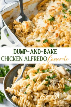 two images side by side with the words dump and bake chicken alfredo casserole