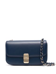 navy blue calf leather gold-tone hardware leather and chain-link shoulder strap foldover top internal slip pocket internal logo patch Navy Blue Handbag, Navy Blue Handbags, Blue Leather Bag, Cross Shoulder Bags, Chanel 2, Boot Pumps, Ballet Flat Shoes, Black Cross Body Bag, Blue Bags