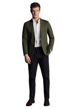 This jacket is the perfect companion to business-casual events, thanks to added elastane and a relaxed, unstructured shoulder. Patch pockets with chest pocket Single breasted two-button fastening Model is wearing a size 40R Model's Height: 188cm/ 6'2 Olive Green Blazer Outfit Men, Green Blazer Outfit Men, Job Interview Outfits, Business Casual Men Work, Wedding Guest Outfit Men, Green Blazer Outfit, Business Attire For Men, Formal Attire For Men, Cocktail Attire Men