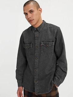 Our iconic Western Shirt;reimagined with a contemporary relaxed fit. With durable denim and timeless style, this is the kind of piece you'll wear for years and hand down for generations to come. A Western Shirt with a casual, relaxed fit Features the style-defining pointed yokes Crafted with sturdy denim Black Denim Shirt Men, Western Shirt Outfit, Black Denim Shirt, Denim Shirt Men, Black Levis, Western Shirt, Western Shirts, Denim Shirt, Timeless Style