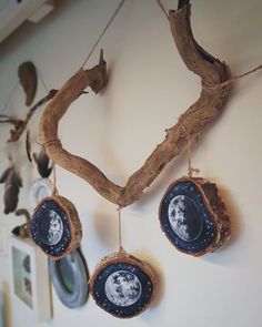 three wooden slices hanging from a wall with pictures on them and an image of the moon