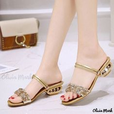 Olivia Mark - Womens Fashionable Dual-Purpose Sandals With Thick Heels - Stylish High Heeled Shoes Sandals Indian, Rhinestone Slippers, Diamond Sandals, Wedding High Heels, Casual Chique, Outdoor Slippers, Rhinestone Sandals, Chunky High Heels, Slippers Women