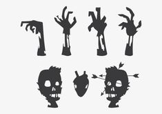 the silhouettes of different types of zombie heads and arms, all in black on a white background