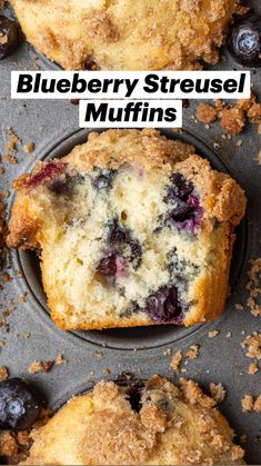 blueberry muffins in a muffin tin with crumbs