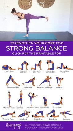 a woman doing yoga poses with the text, strength your core for strong balance click for the