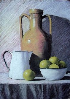 a pastel drawing of a pitcher and two bowls with lemons in front of it