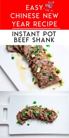 the recipe for instant pot beef shan is shown on a white plate with green garnish