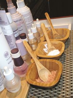 SpaRitual’s bamboo containers house scrubs and masks. Products rest on a bamboo tray on every manicure table. www.nailsmag.com Manicure Bowl Ideas, Spa Decoration Ideas, Pedicure Bowl Ideas, Day Spa Decor Ideas, Esthetician Must Haves, Spa Design Ideas, Containers House, Spa Bowl, Bamboo Containers