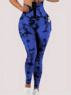 Women's Athletic Cinched Waist Tie-Dye Skinny Pants, Yoga Leggings For Running, Workout, Fitness In Autumn Blue    Polyester Tie Dye,Plants,All Over Print Skinny Medium Stretch  Women Activewear, size features are:Bust: ,Length: ,Sleeve Length: Body Shaping Corset, Corset Leggings, Sports Pants Women, Casual Tie, Floral Print Rompers, Sporty Casual, Tie And Dye, Printed Rompers, Outdoor Woman