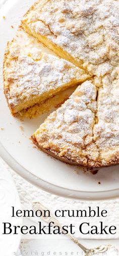 a lemon crumble breakfast cake on a white plate with a slice cut out