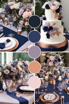 the table is decorated with blue, pink and white flowers in shades of purple and gold