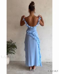 Lasaky - Glamorous Long-Sleeve Evening Wear with Suspender and Beading Beautiful Long Dresses, Elegant Dresses Long, Guest Outfit, Buy Dress, Collar Dress, Elegant Dress, Guest Dresses, Ruffle Dress, Blue Dress