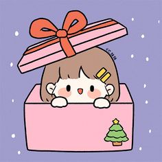 a cartoon cat is sitting in a pink box with a christmas tree on it's head