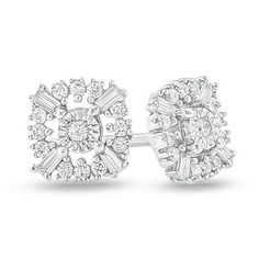 The perfect touch of shimmer, these diamond stud earrings lend an Art-Deco vibe to her look. Crafted in cool 10K white gold, each petite earring dazzles with a round diamond - artfully set to enhance size and sparkle - surrounded by a cushion-shaped frame of round and baguette-cut diamonds in a stylish pattern. Radiant with 1/10 ct. t.w. of diamonds and a brilliant buffed luster, these post earrings secure comfortably with friction backs. Diamond White Baguette Diamond Earrings Fine Jewelry, Diamond White Baguette Diamond Earrings For Fine Jewelry, Fine Jewelry Cluster Earrings With Baguette Diamonds For Anniversary, Anniversary White Gold Baguette Diamond Earrings, White Gold Cluster Earrings With Baguette Diamonds, White Sterling Silver Earrings With Baguette Diamonds, Diamond White Baguette Diamond Earrings, Fine Jewelry Diamond White Earrings With Baguette Diamonds, White Baguette Diamond Round Earrings