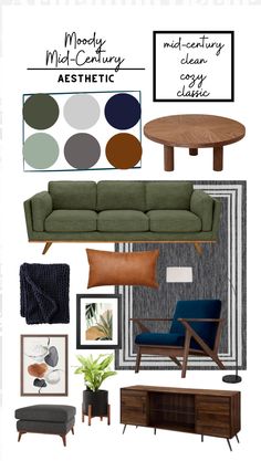 the color scheme for this living room is green, blue, and grey with brown accents