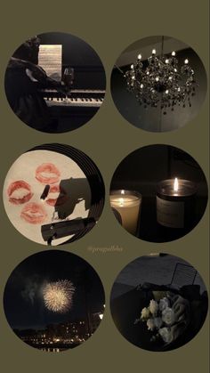 four different pictures with candles and flowers on them, including a chandelier over a piano