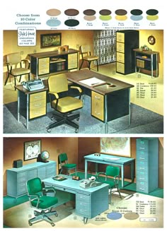 an advertisement for office furniture from the 1950's and 1960s's, including desks