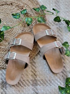 Brown Double Strap Slides For Spring, Double Strap Slides With Tang Buckle For Beach, Brown Double Strap Casual Slides, Brown Beach Slides With Buckle Closure, Cheap Brown T-strap Sandals With Buckle Closure, Tan Sandals, Slide Sandals, Buckle, Sandals