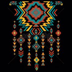 an abstract native american style design with geometric shapes and colors on black background, suitable for wallpaper or fabric