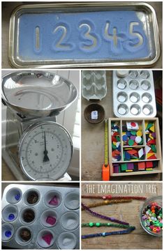 there are many different pictures with numbers on them, including an egg carton and other items