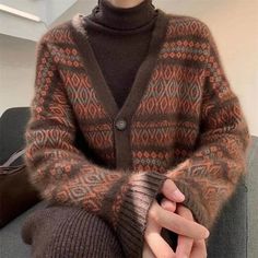 Autumn Fashion Womens Jacquard Weave Knitted Cardigan – 4Colordress Alt Hippie, Academia Inspiration, Argyle Sweater Women, Academia Aesthetics, Casual Knitwear, Thrift Vintage, Streetwear Clothes, Normal Clothes, Knitting Women Cardigan