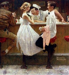 a painting of a man and woman talking to each other in front of a bar