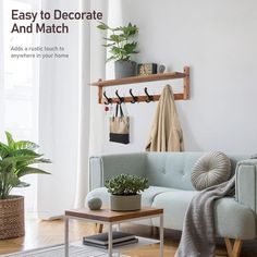 a living room filled with furniture and plants on top of shelves next to a window