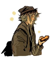 a drawing of a man with ear buds and a hat on eating something while looking at his cell phone