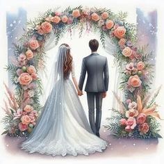 a painting of a bride and groom in front of an archway with flowers on it