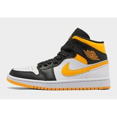 Women's Jordan 1 Mid SE White/Laser Orange-Black Size: 5.5.  Color: Yellow.  Gender: female.  Age Group: adult. Jordan Shoes For Men, Shoe Image, Jordans Women, Air Jordan Sneakers, Womens Jordans, Kids Jordans, Shoes Uk, Jordans For Men, Jordan 1 Mid