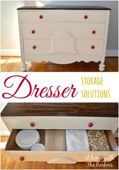 an old dresser is transformed into a storage solution