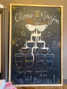 a chalkboard sign that says cheers to you and three cups with drinks on them