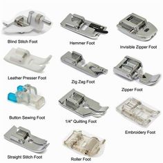 the different types of sewing foot parts are shown in this image and labeled with instructions