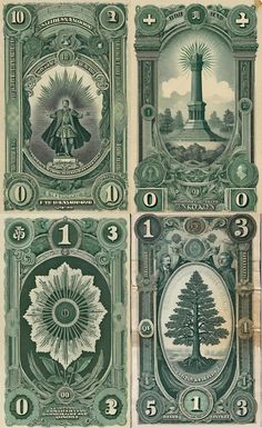 four different green and white bills with trees on them