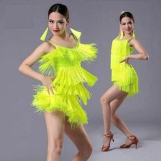 two women in neon yellow dresses posing for the camera