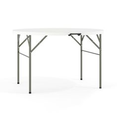 a white table with two legs and a black handle on the top, against a white background