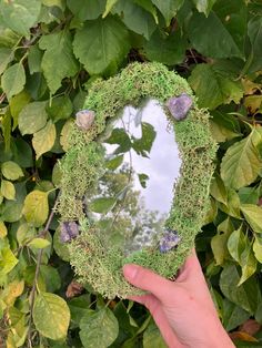 a hand holding a mirror with moss growing on it