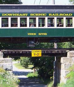 a green and white train traveling over a bridge next to a lush green forest filled with trees