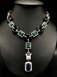 Art Deco 35.73TCW Emerald Blue Sapphire Black Onyx & White CZ Pendant Necklace Fantasy Pendant, Emerald Green Necklace, Gold Necklace Pendant, Color Change Sapphire, Ceylon Blue Sapphire, Emerald Blue, White Gold Necklace, Jewelry Boutique, Zambian Emerald