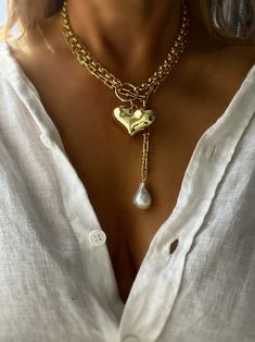 Puffed heart charm 37mm x 25mm Rolo chain  16"  length Spring clasp closure  18 k gold plated brass Listing is for one puffed heart necklace  choose set of two necklaces in dropbox menu LARIET BAROQUE PEARL NECKLACE 17.5 +1.5"length Freshwater baroque pearl