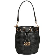 Versatile and visually stunning, the Hasley black leather bucket bag is an ultra luxe bag featuring an incredible hand woven upper , a padded leather handle and a detachable gold toned metal chain sling strap. The handy drawstring opening guarantees easy access. Made to be your new fashion favourite. Hang it on your shoulder to complement your blazer and pencil skirt ensemble. - Black handwoven leather upper - Cotton lined with drawstring closure. - Padded leather handle with a detachable metal Luxury Bucket-shape Shoulder Bag With Detachable Strap, Elegant Bucket Satchel With Metal Hardware, Chic Woven Leather Bucket Hobo Bag, Elegant Bucket Bag With Braided Handles, Designer Bucket Bag With Chain Strap, Designer Crossbody Bucket Bag With Braided Handles, Luxury Bucket Bag With Braided Handles, Elegant Shoulder Bucket Bag With Braided Handles, Luxury Bucket Bag With Braided Top Handle