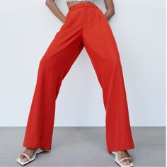 New With Tags Zara Red Dress Pants.Size Small Zara Red Dress, Zara Leather Pants, Red Dress Pants, Red Plaid Pants, Black Velvet Pants, Brown Leather Pants, Pleather Pants, Zara Jumpsuit, Black Pants Casual