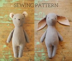 two stuffed animals sitting next to each other on a wooden floor with the words sewing pattern above them