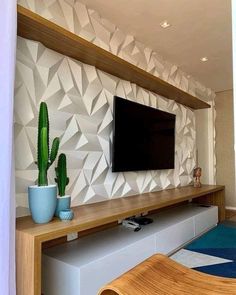 a flat screen tv sitting on top of a wooden shelf next to a potted cactus