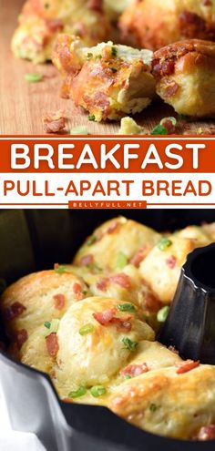 breakfast pull apart bread in a pan with the title overlay reading, breakfast pull apart bread