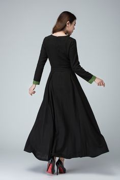 Pleated Flare Skirt, Pretty Dresses Casual, Long Party Dress, Tailored Clothes, Black Linen Dress, Linen Dress Women, Long Sleeve Prom, Dress Linen, Full Length Dress