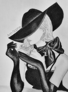 a pencil drawing of a woman wearing a hat and holding a black cat in her right hand